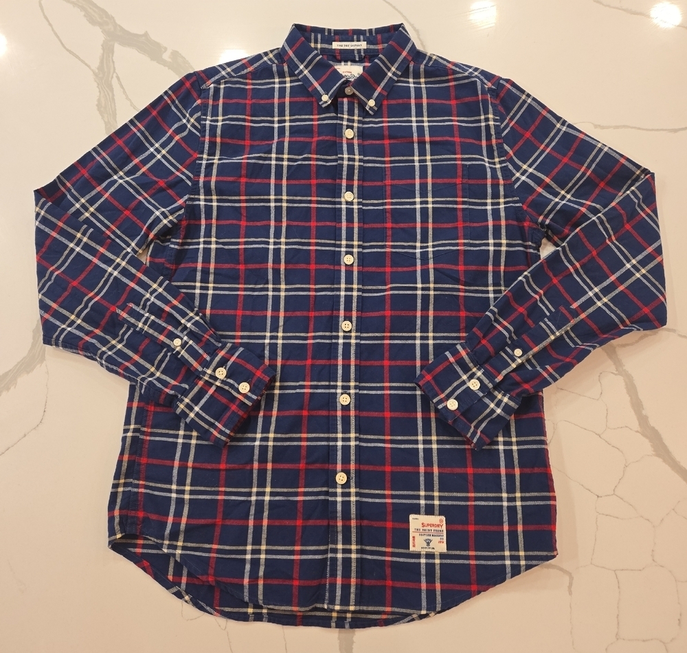 Superdry The Dry Oxford Plaid Cotton Mens Slim Flannel Shirt Blue Large Preppy